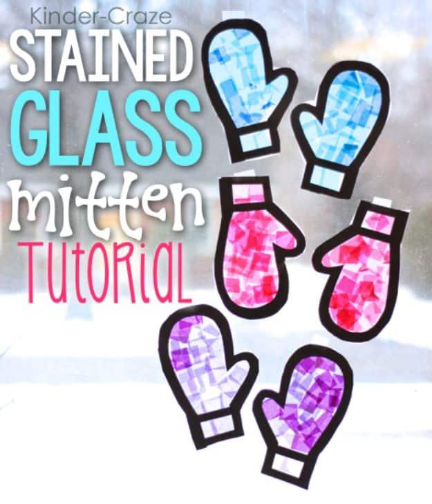 Pin graphic reading Kinder-Craze Stained Glass Mitten Tutorial, six tissue paper mittens in blue, pink and purple