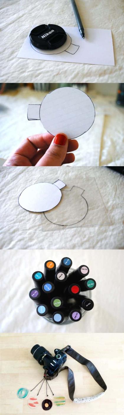 Colored lens filters, a five panel sequence of a lens cap traced, cut from clear plastic, colored and strung