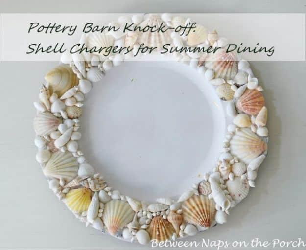 Pottery Barn knock off shell chargers, a white charger plate rimmed with tightly packed cream shells
