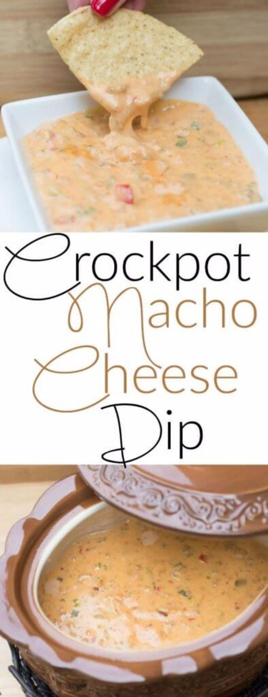 Crockpot nacho cheese dip in a slow cooker with ground beef and green peppers through melted cheese sauce