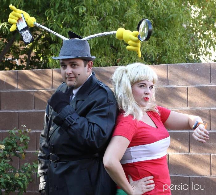 Inspector Gadget and Penny couples costume with hula hoop gadget arms on a headband and a blonde pigtail wig