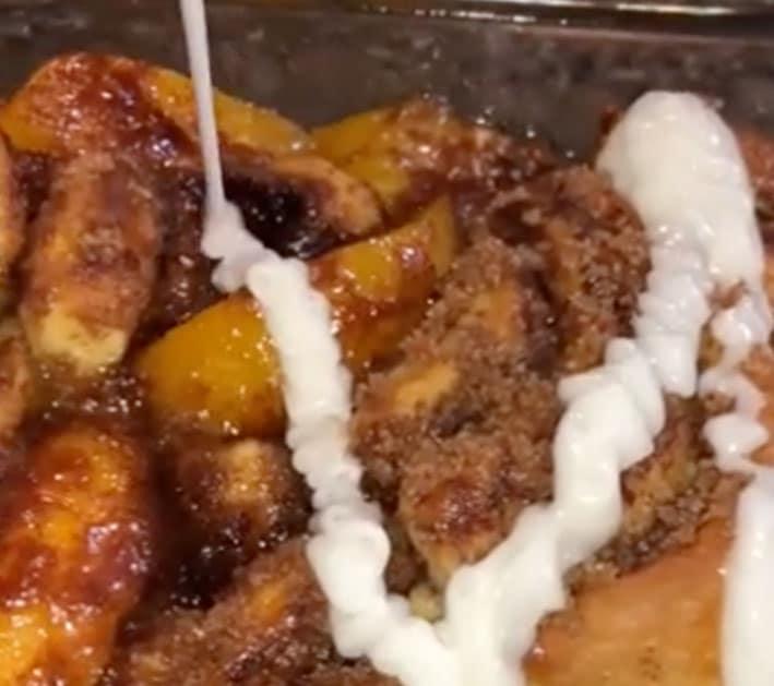 Add Icing To Cinnamon Roll Peach Cobbler - Cinnamon Roll Recipes