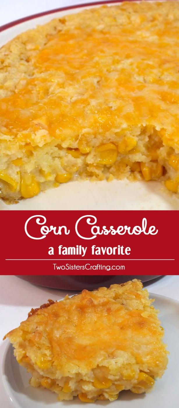 Holiday corn casserole baked golden and being spooned from a white square baking dish under melted cheese