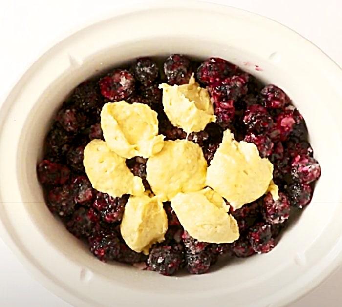 Place Batter On Top Of Blackberry Cobbler In The Crockpot And Cook On High