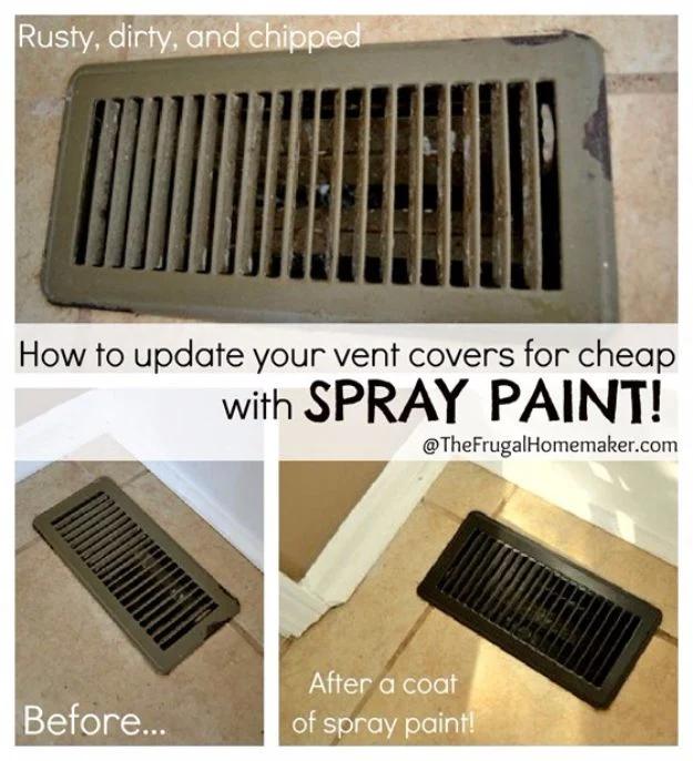 Titled graphic How To Update Your Vent Covers For Cheap With Spray Paint, rusty register before and bronze after
