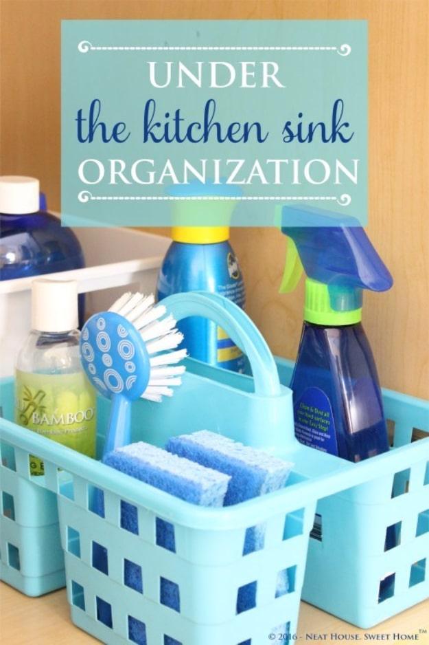 Under The Kitchen Sink Organization, one of the best organizing ideas on this list and an idea worth saving for later