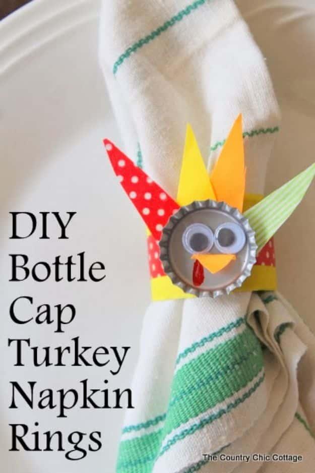 DIY Bottle Cap Crafts - DIY Bottle Cap Turkey Napkin Rings - Make Jewelry Projects, Creative Craft Ideas, Gift Ideas for Men, Women and Kids, KeyChains and Christmas Ornaments, Pre