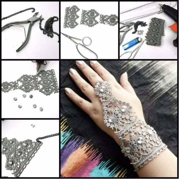 Lace bracelet with ring, a six panel sequence of lace cut, chained and set with rhinestones, worn on a hand