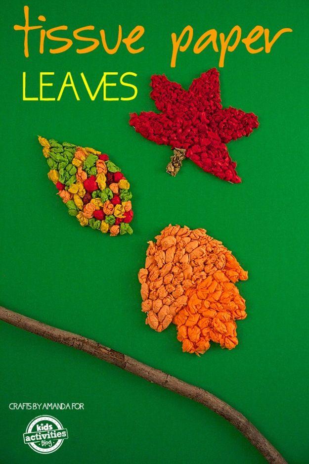 Pin graphic reading Tissue Paper Leaves, three leaf shapes filled with crumpled red, orange and green tissue on green