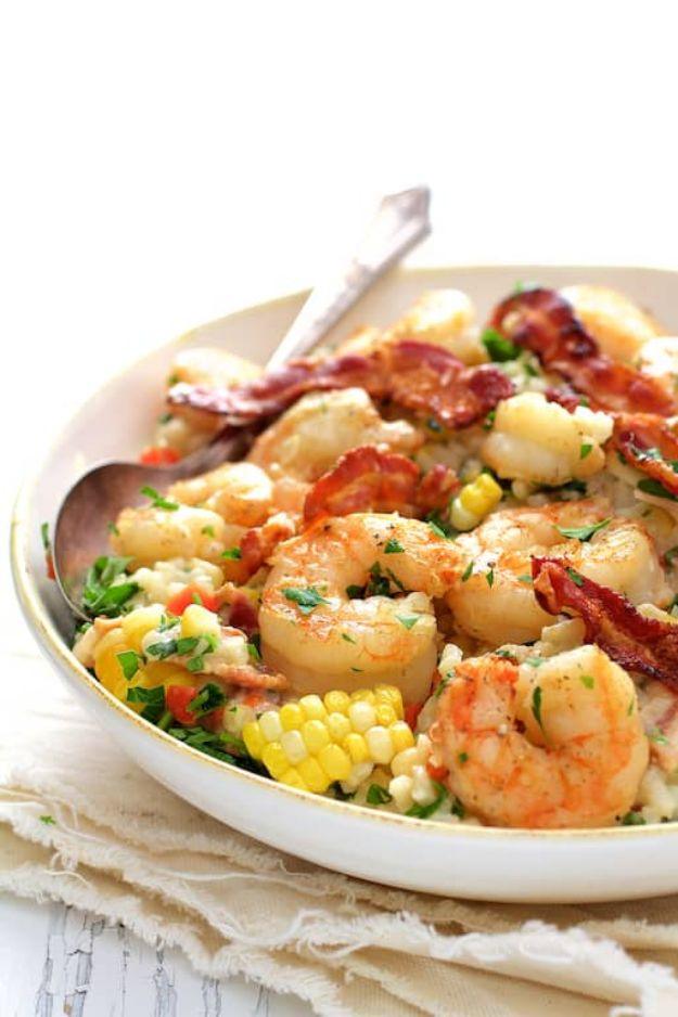 Shrimp and corn risotto with bacon, creamy arborio rice topped with shrimp, corn kernels and grated asiago cheese