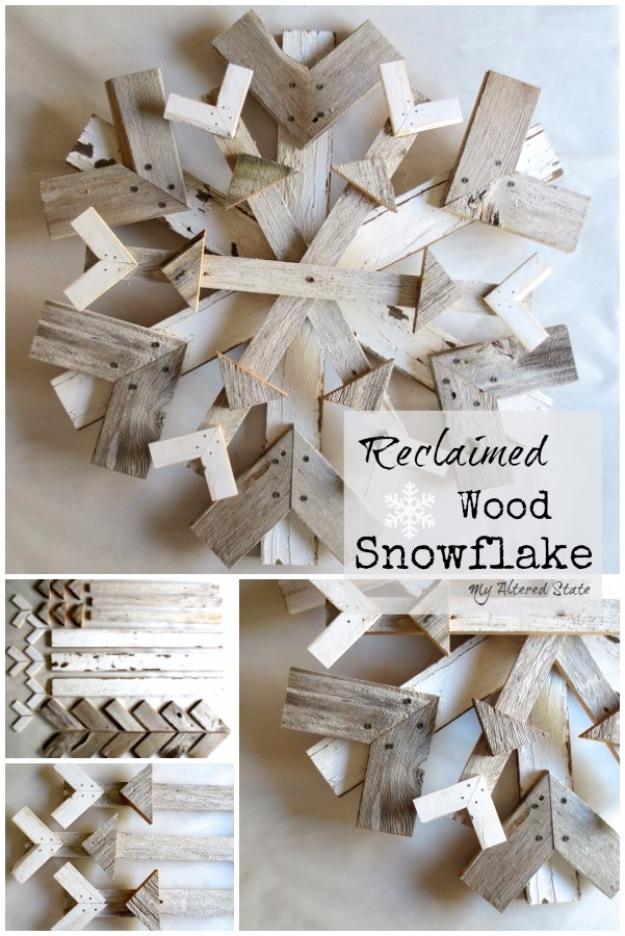 Weathered gray and white barn wood snowflake shown whole and in progress in a three part typeset graphic
