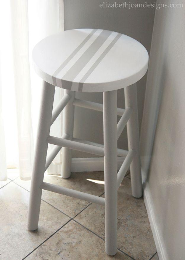 Painted grain sack stripe bar stool, a pale gray stool with a white round seat carrying two gray stripes