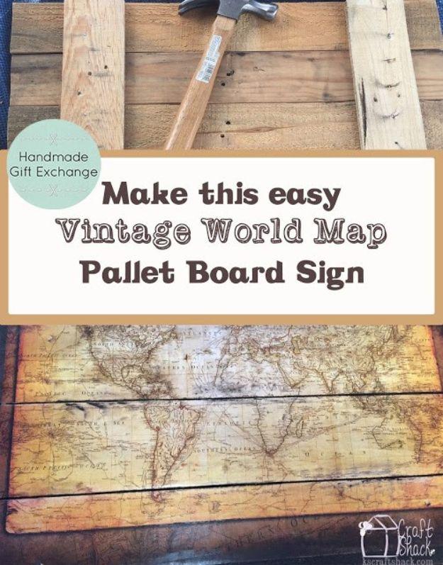 DIY Vintage Signs - Vintage World Map Pallet Board Sign - Rustic, Vintage Sign Projects to Make At Home - Creative Home Decor on a Budget and Cheap Crafts for Living Room, Bedroom 