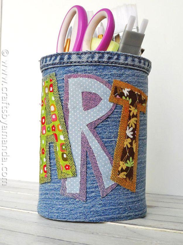 Blue Jean Upcycles - Denim Covered Pencil Can - Ways to Make Old Denim Jeans Into DIY Home Decor, Handmade Gifts and Creative Fashion - Transform Old Blue Jeans into Pillows, Rugs,