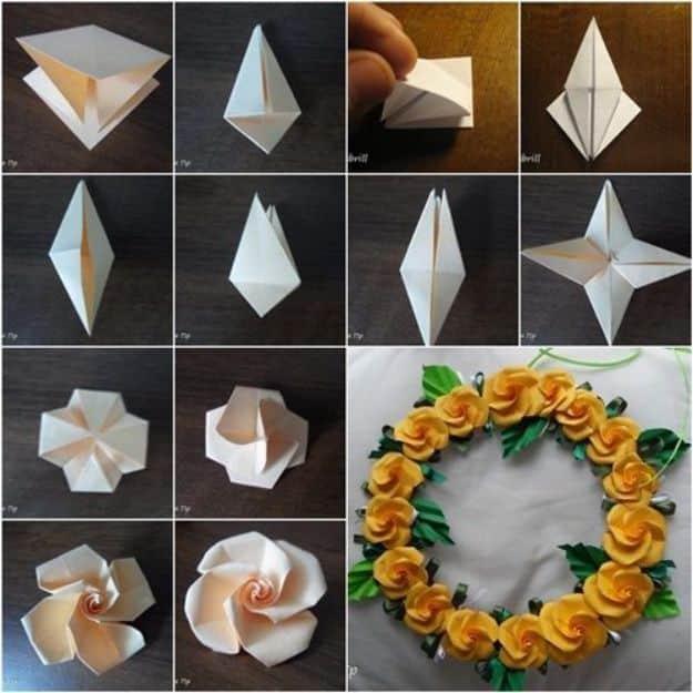 Origami twisty rose folding steps in cream paper with a finished wreath of small yellow origami roses