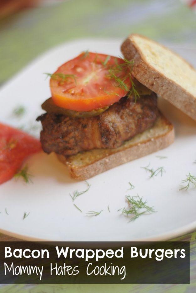 Pin graphic, dark title band below an open faced bacon wrapped burger on toast with a tomato slice and dill