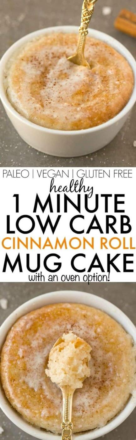 One minute low carb cinnamon roll mug cake topped with glaze in a white ramekin, shown in two photos