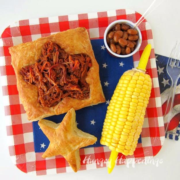 Star shaped puff pastry bites filled with BBQ for a festive flaky Fourth of July appetizer for the whole family