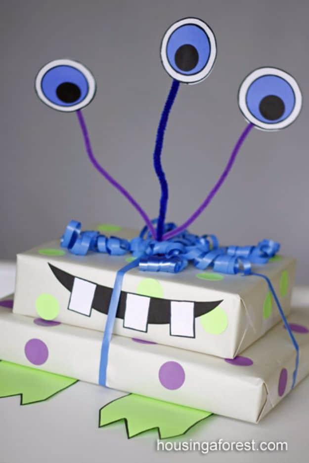 Monster Gift Wrapping, flexible enough to fit whatever is left in the craft bin and a thank you gift people actually remember