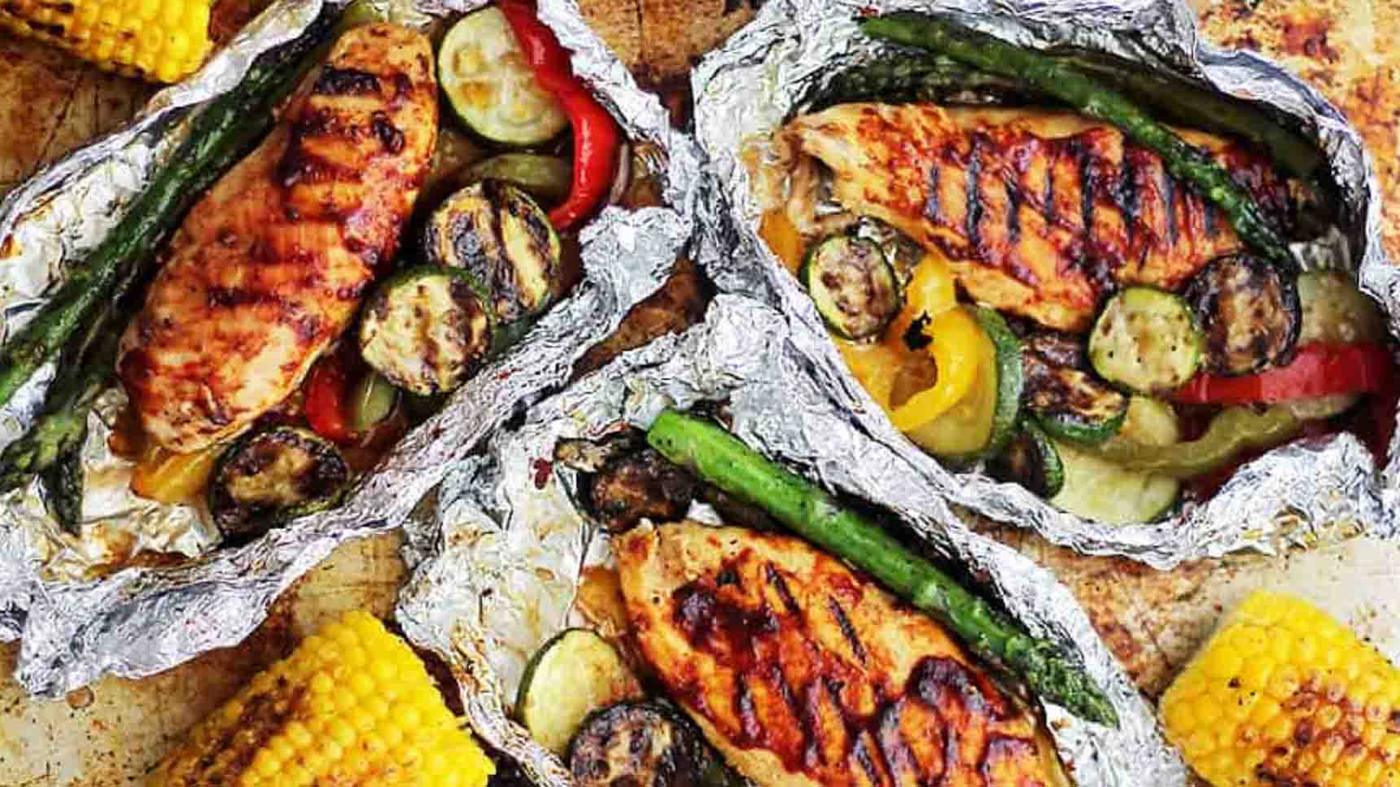 Grilled Barbecue Chicken and Vegetables in Foil