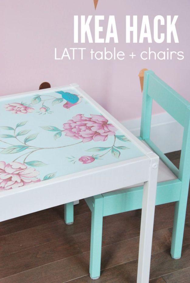 Wallpaper kids table graphic, a white childrens table topped with pink peony and bluebird wallpaper beside a mint chair