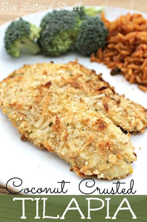 Coconut crusted tilapia baked golden on a sheet pan with lime, a five ingredient easy baked fish recipe
