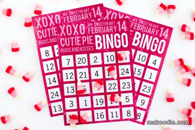 Valentines bingo free printable cards in pink and red with candy conversation hearts used as markers