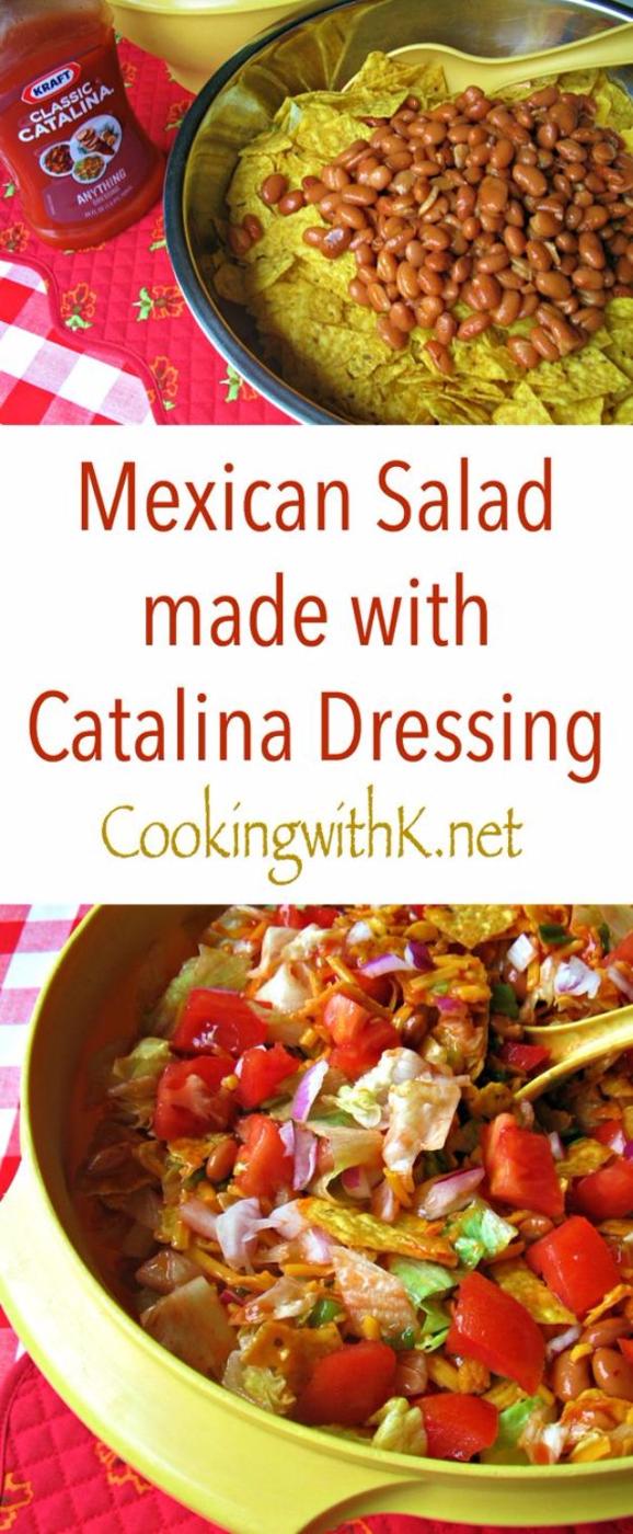 Mexican salad with Catalina dressing, iceberg lettuce, pinto beans, purple onion, tomato and corn chips