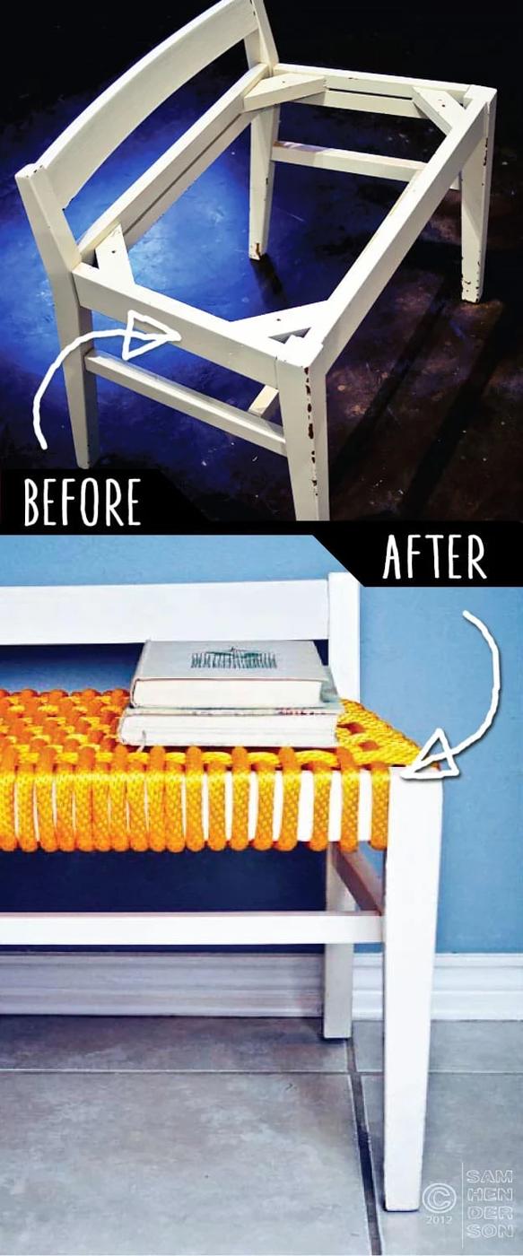 Roping Style Discard Bench Makeover, one of the best furniture makeover ideas on this list and a fresh take on a classic idea