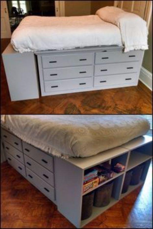 Two panel photo of a gray platform bed built from two low dressers, with the end bookshelf full of board games