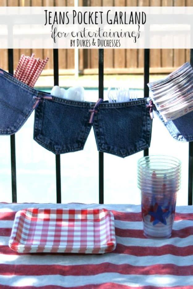 Blue Jean Upcycles - No-Sew Jeans Pocket Garland - Ways to Make Old Denim Jeans Into DIY Home Decor, Handmade Gifts and Creative Fashion - Transform Old Blue Jeans into Pillows, Ru