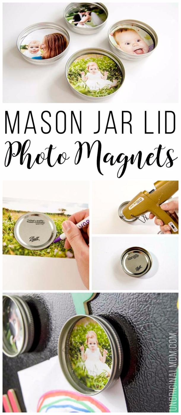 Upcycled Mason Jar Lid Photo Magnets, a popular choice on this list and a present the whole family can help make