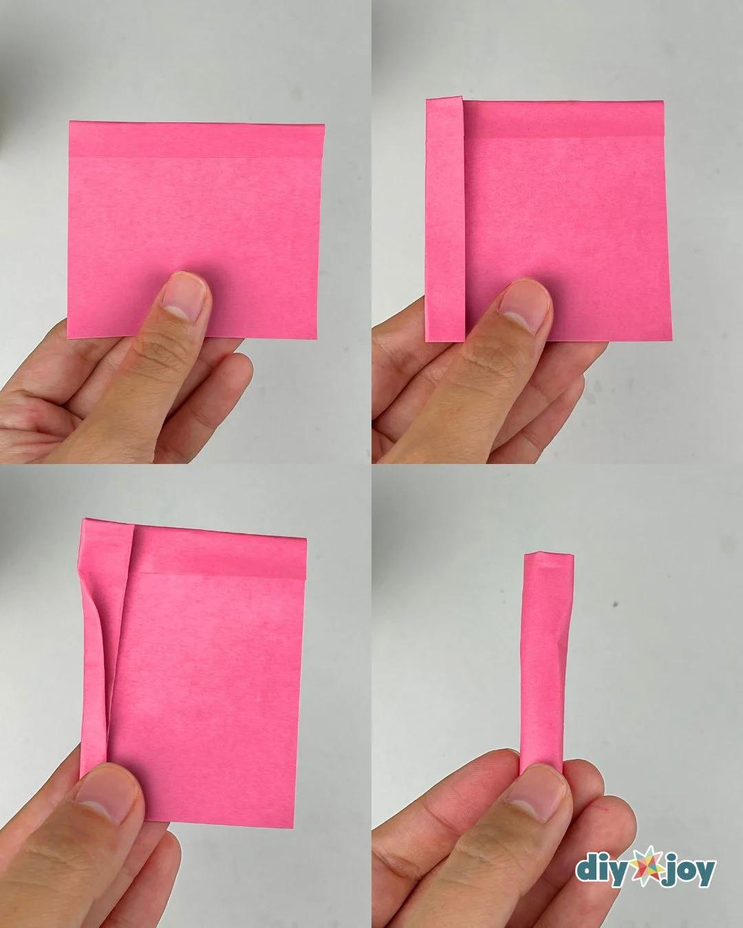 Four step photo sequence of hands folding a flat paper sticky note into a rolled paper rose flower shape