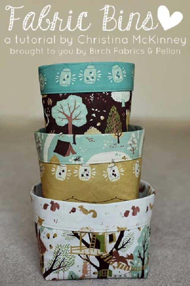 DIY fabric bins, three nested storage bins in woodland print fabric stacked inside one another as home organization