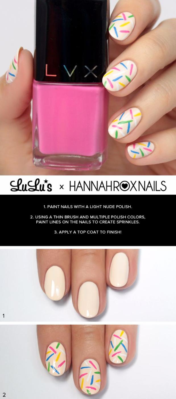Rainbow Sprinkles Nails, a creative nail design anyone can copy and a simple trick for a salon quality manicure