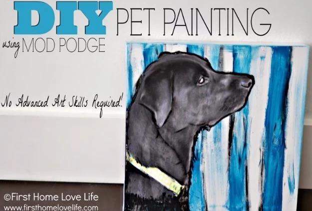Graphic titled DIY Pet Painting Using Mod Podge over a canvas of a black dog in profile on blue and white stripes