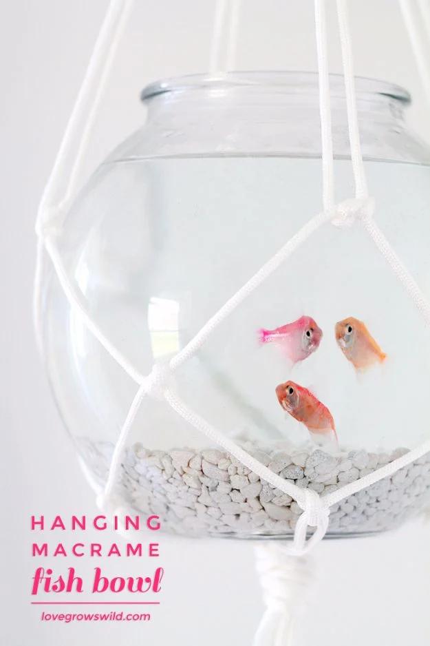Hanging Macrame Fish Bowl, a relaxing weekend project with cord and a dowel and a charming handmade gift idea
