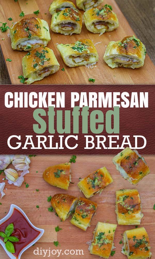 Chicken Parmesan Stuffed Garlic Bread Recipe - Ingredients for Making Cheese Stuffed Chicken Parmesan Bread - Easy Snack Ideas and Best Party Food Recipes - Quick Dinner Ideas for