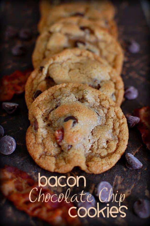 Pin graphic, a row of golden bacon chocolate chip cookies on dark wood with loose chips and a text block below