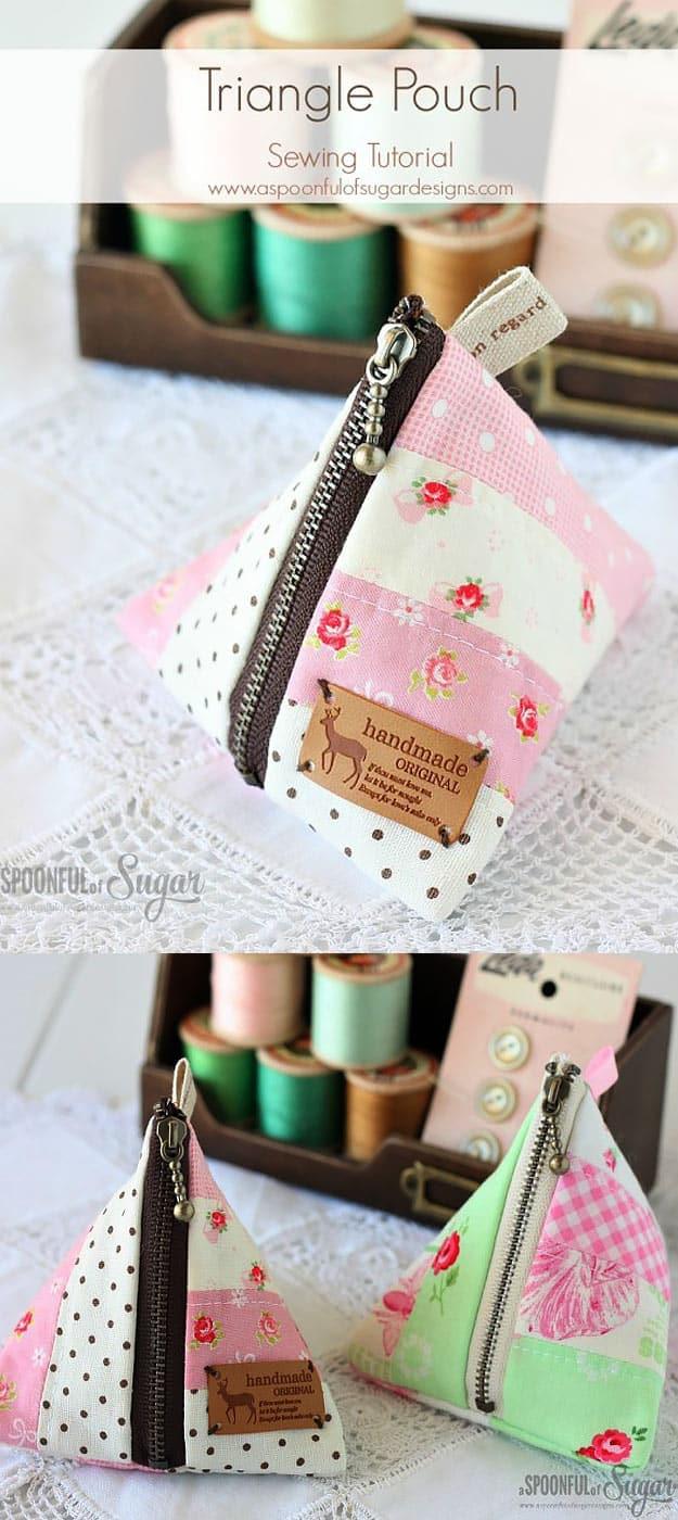 Cute DIY triangle zipper pouch sewing tutorial, an easy beginner project to make and sell for profit