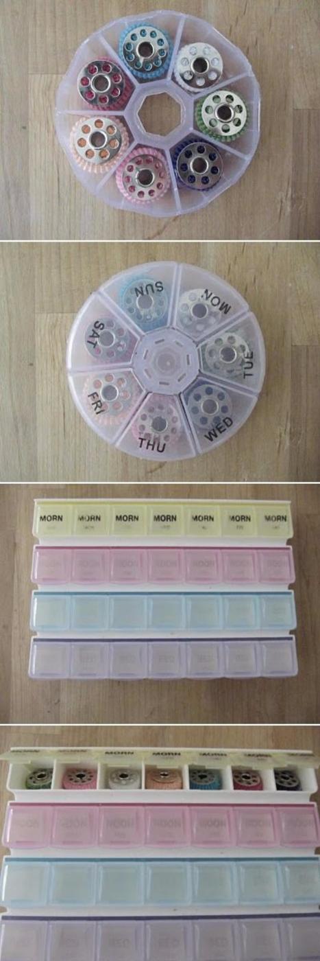Use Medicine Organizer To Keep Bobbins, a workspace organizing trick, easy to redo the next time it is needed
