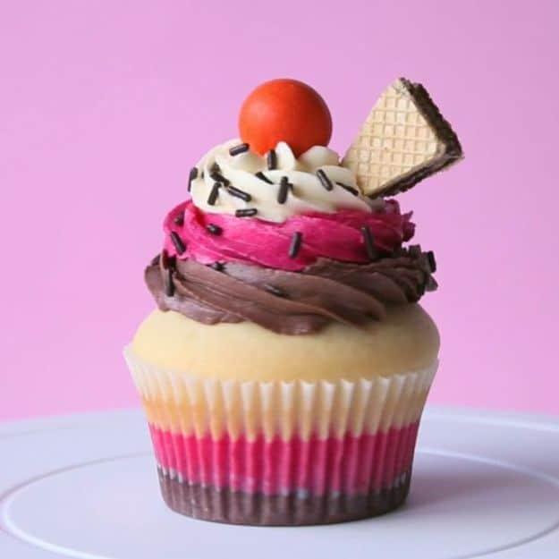 Cool Cupcake Decorating Ideas - Neapolitan Cupcakes - Easy Ways To Decorate Cute, Adorable Cupcakes - Quick Recipes and Simple Decorating Tips With Icing, Candy, Chocolate, Butterc
