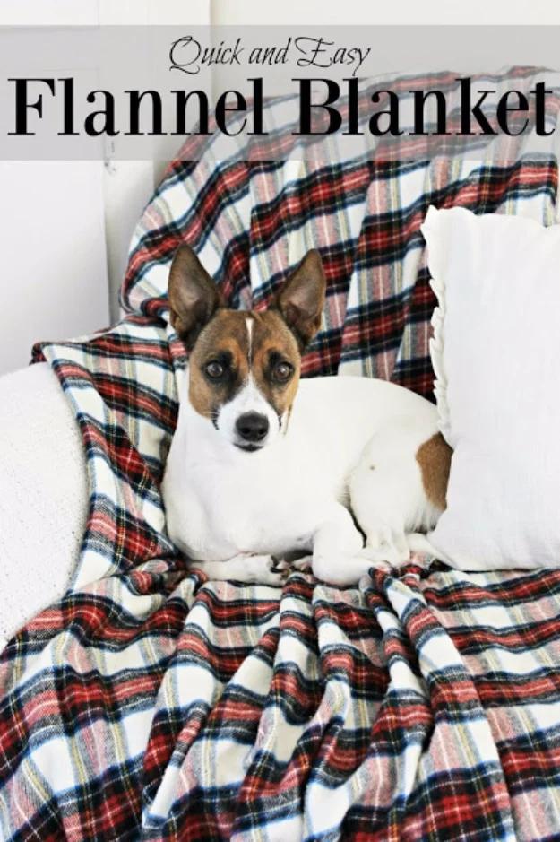 Red and cream plaid flannel blanket over an armchair with a small dog lying on it, typeset title above