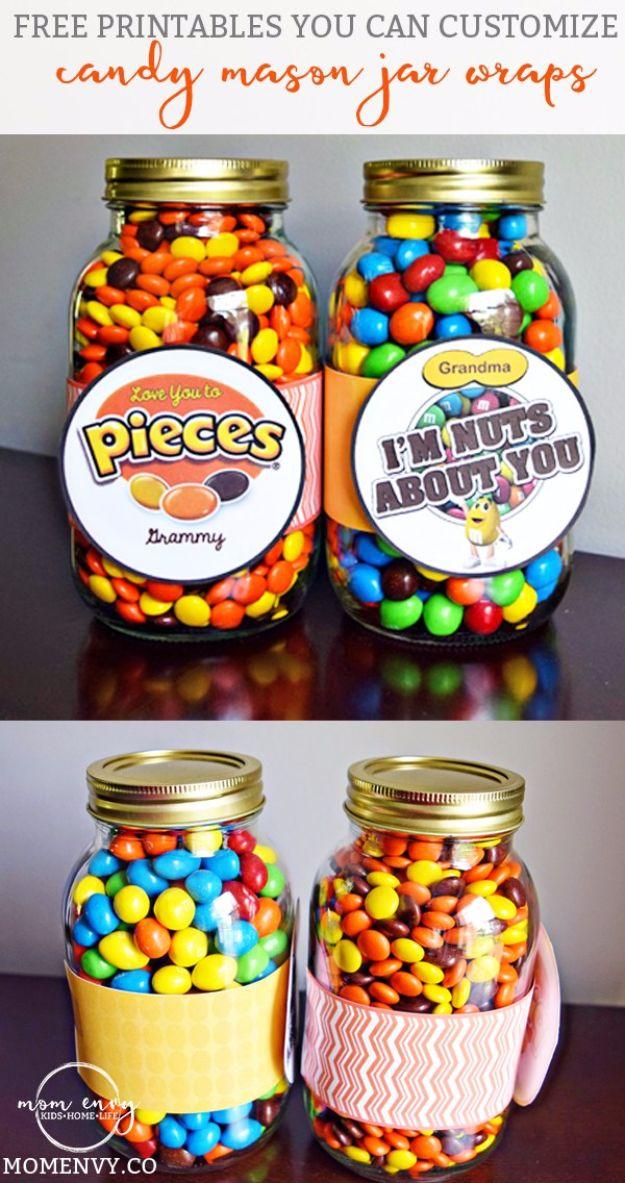 Candy mason jar free printables with punny round toppers and paper wraps on jars filled with orange and coloured sweets