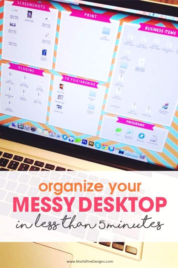 Striped organizer wallpaper of labeled zones on a laptop, headed organize your messy desktop in five minutes