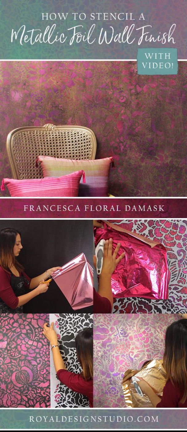 Metallic foil wall finish graphic, a step by step collage of pink and gold damask foil being applied