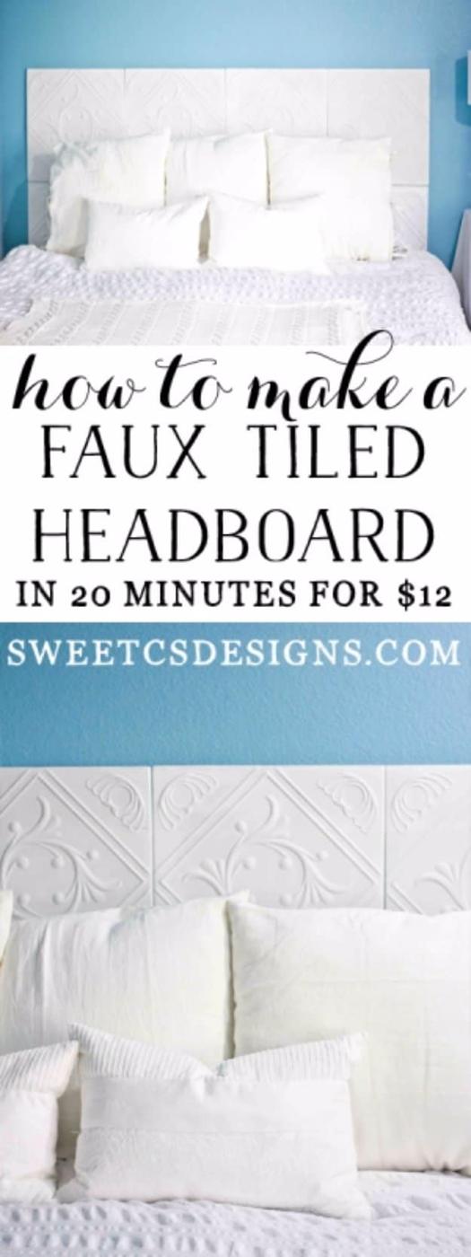 Faux tiled headboard, white embossed tin look foam tiles fixed to a bright blue wall above white pillows and bedding