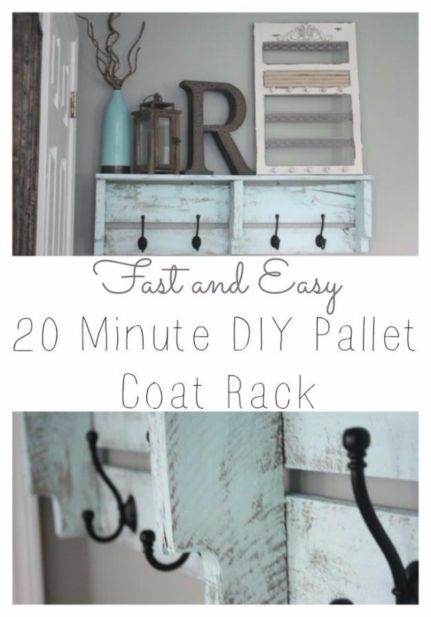 Easy DIY Pallet Coat Rack, one of the best pallet furniture ideas on this list and worth trying before buying something new