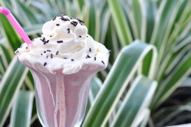 Coca Cola cherry milkshake in a tall glass with whipped cream, chocolate sprinkles and a pink straw against agave leaves