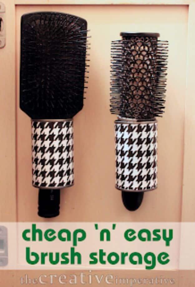 Hanging Hairbrush Storage from Tin Cans, easy to scale up for a full batch and a piece worth keeping out on display